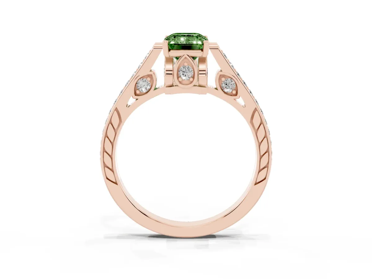 Fancy Green Emerald Cut Cut Cathedral Pave Diamond Engagement Ring with Six-Prong Setting Rose gold