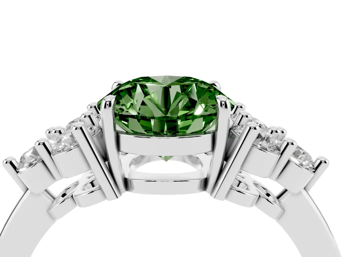 Fancy Green Round Cut Brilliant Diamond Cluster Accent Solitaire Ring with Prong Setting Silver
