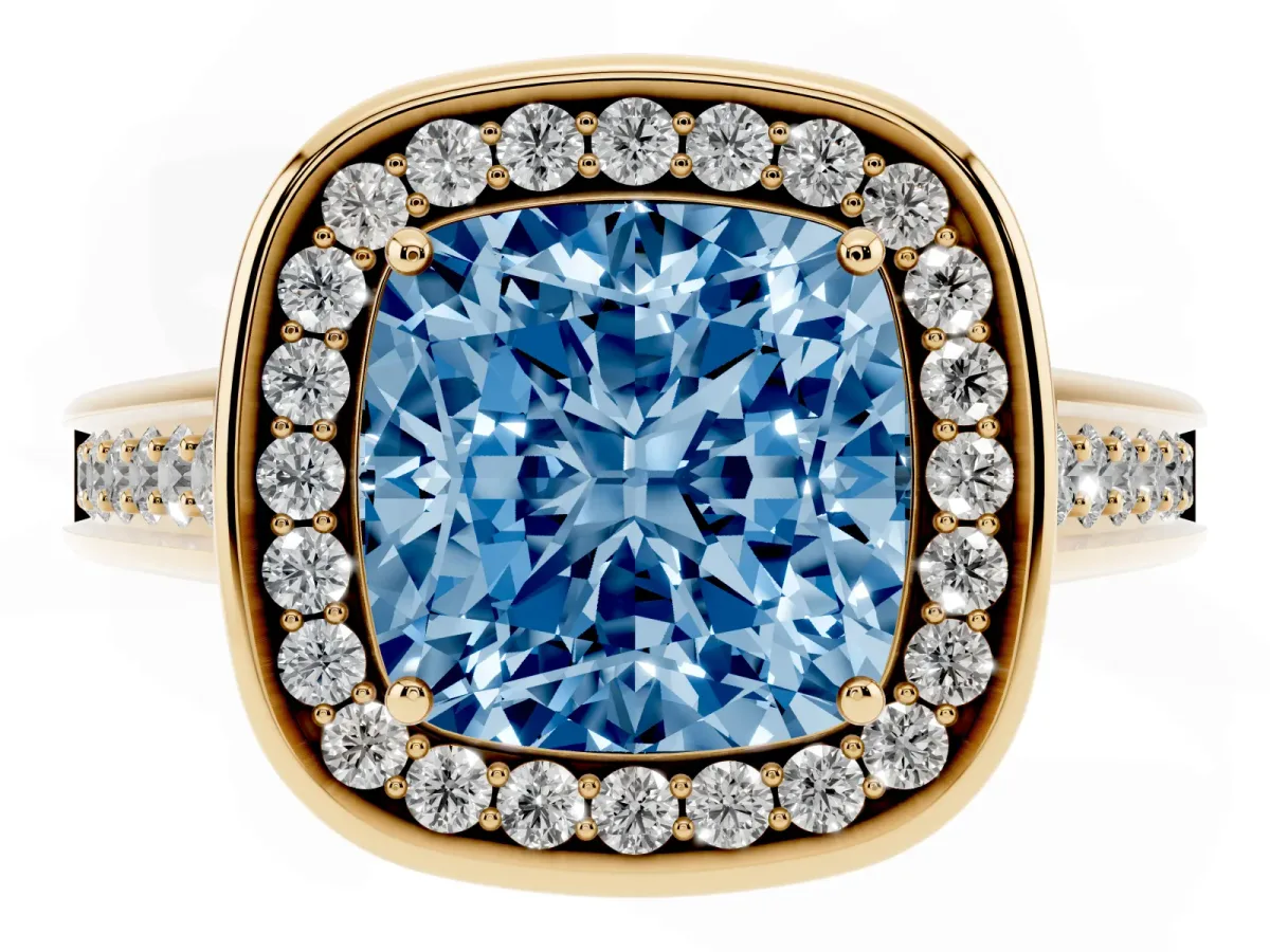 Fancy Blue Cushion Cut Halo Solitaire Diamond Ring with Pave Band and Bezel Setting Yellow gold