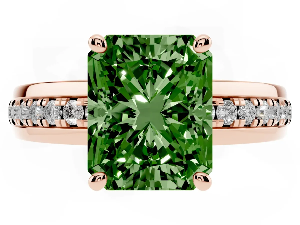 Fancy Green Radiant Cut Solitaire Diamond Ring with Channel Set Band and Six-Prong Setting Rose gold