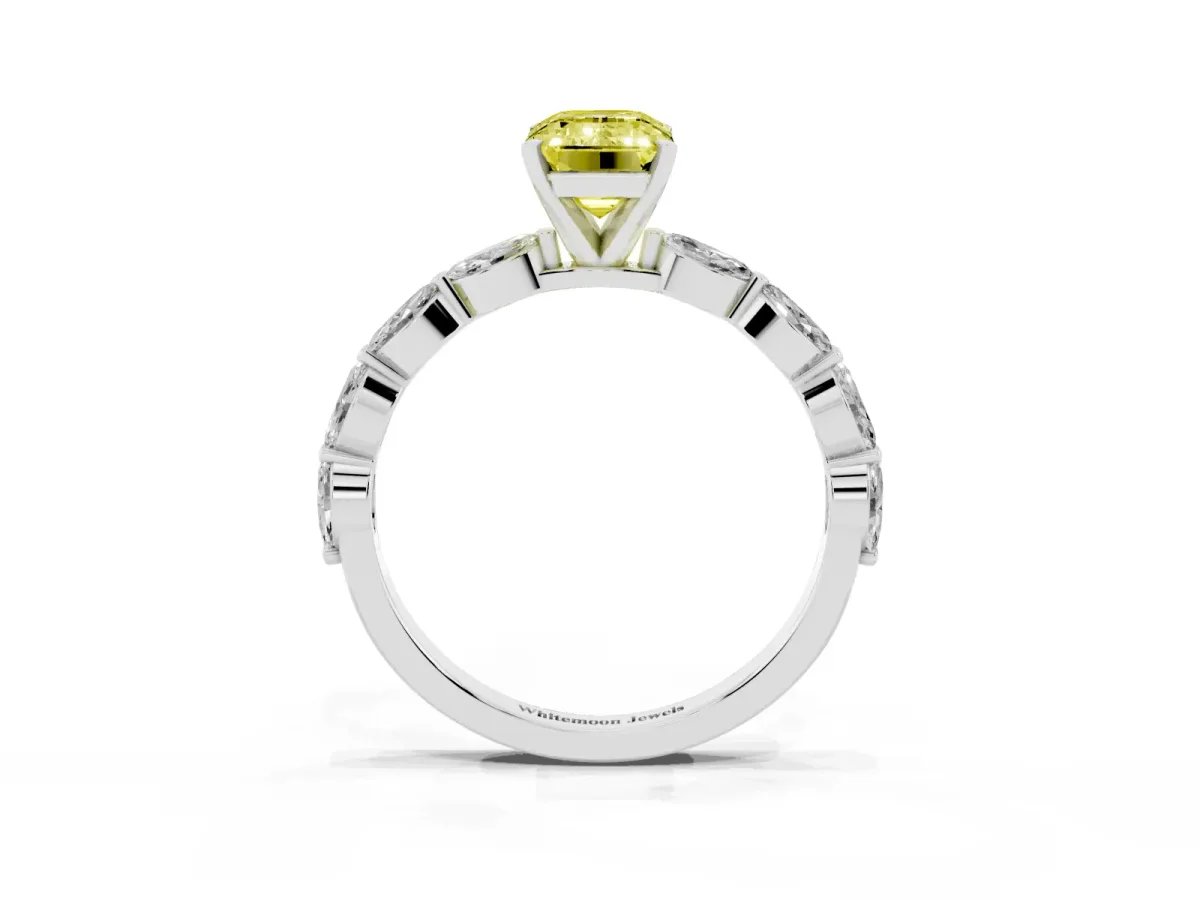 Fancy Yellow Emerald Cut Diamond Ring with Marquise Side Stones and Prong Setting Silver