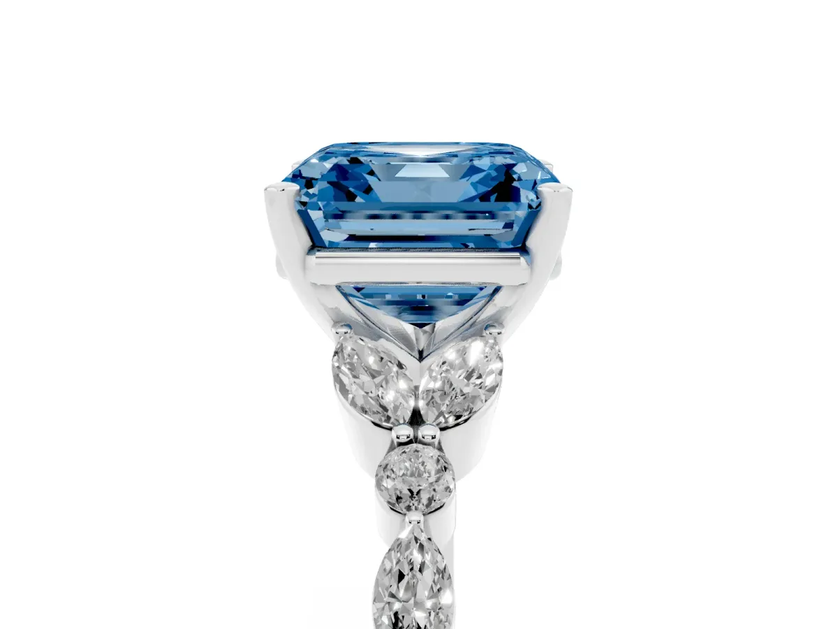 Fancy Blue Asscher Cut Diamond Solitaire Ring with Side Stones and Four-Prong Setting Silver