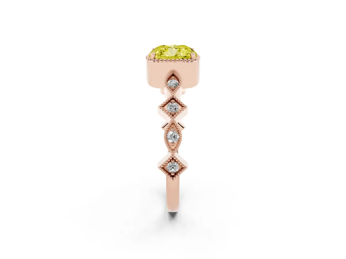 Fancy Yellow Cushion Cut Milgrain Marquise Diamond Twist Band Ring Rose gold