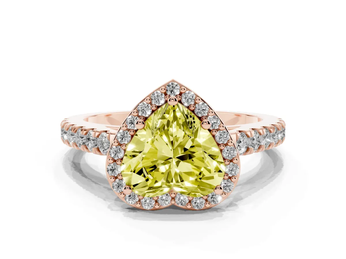 Fancy Yellow Heart Cut Cut Halo Diamond Engagement Ring with Pave Band and Four-Prong Setting Rose gold