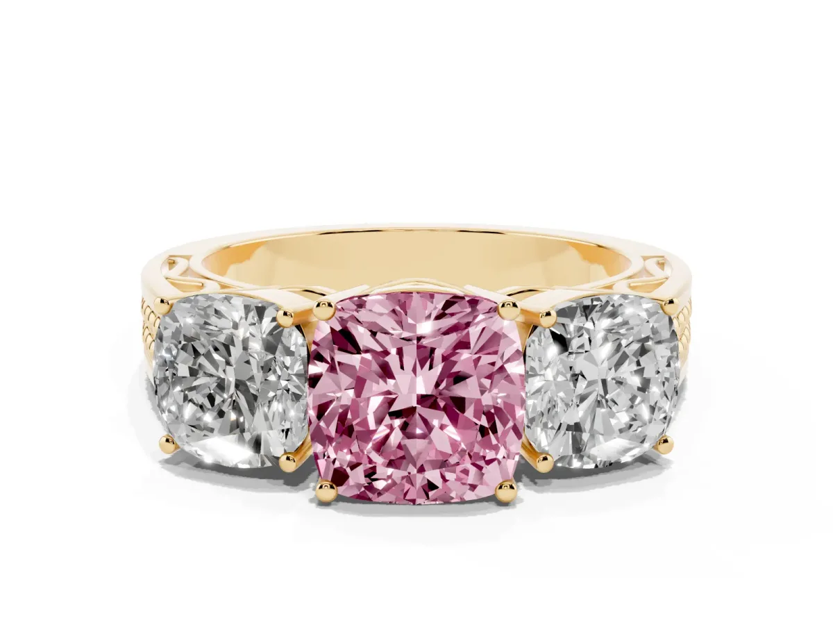 Fancy Pink Cushion Cut Diamond Three-Stone Ring with Prong Setting and Textured Band Yellow gold