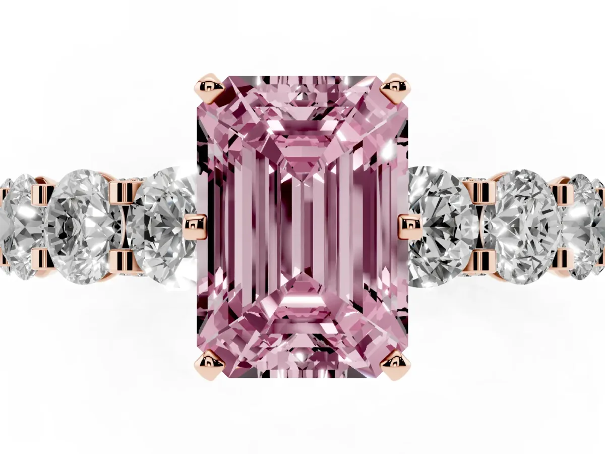 Fancy Pink Emerald Cut Diamond Side Stone Engagement Ring with Four-Prong Setting Rose gold