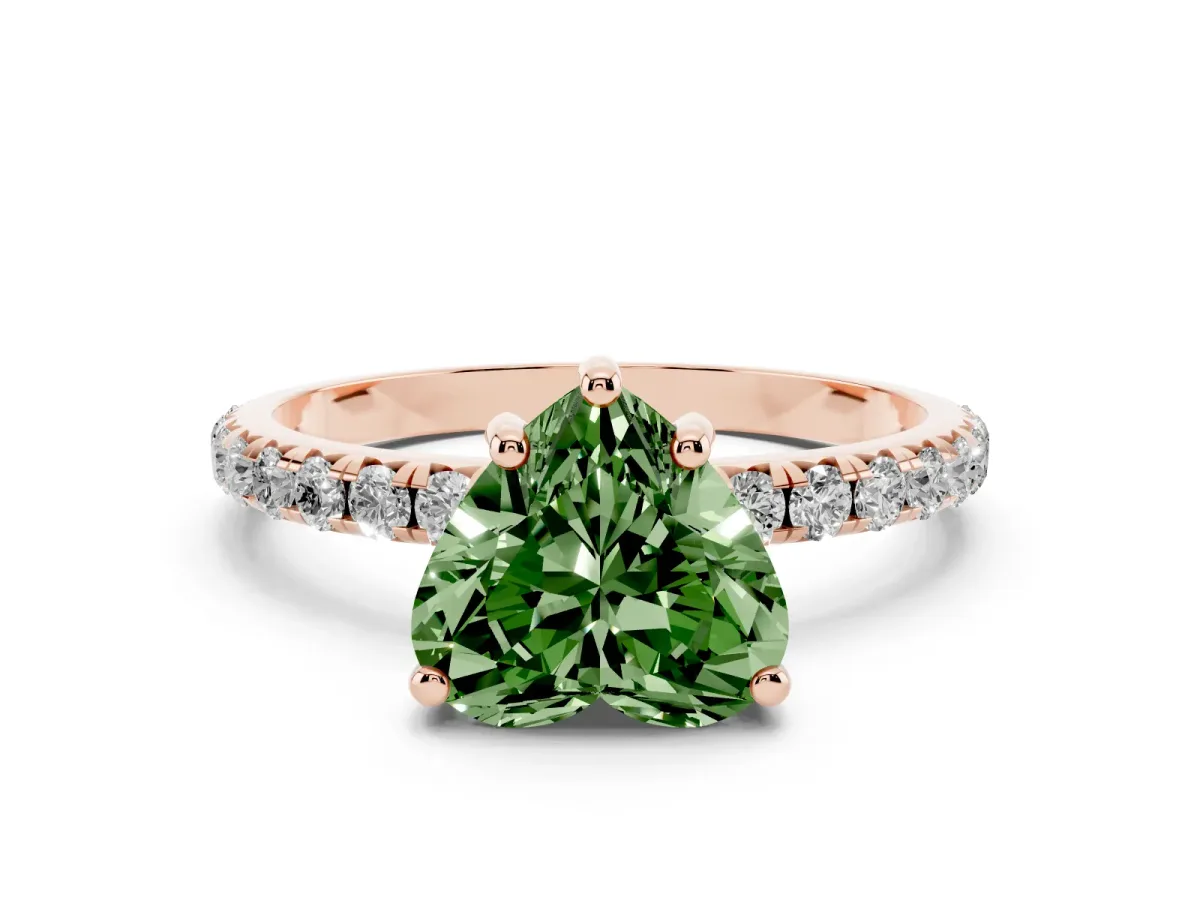Fancy Green Heart Cut Cut Diamond Solitaire Ring with Micro Pave Band and Four Prong Setting Rose gold