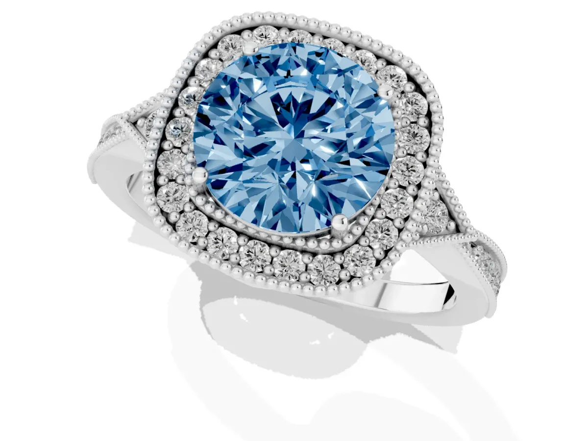 Fancy Blue Round Cut Halo Round Diamond Milgrain Pave Engagement Ring Silver