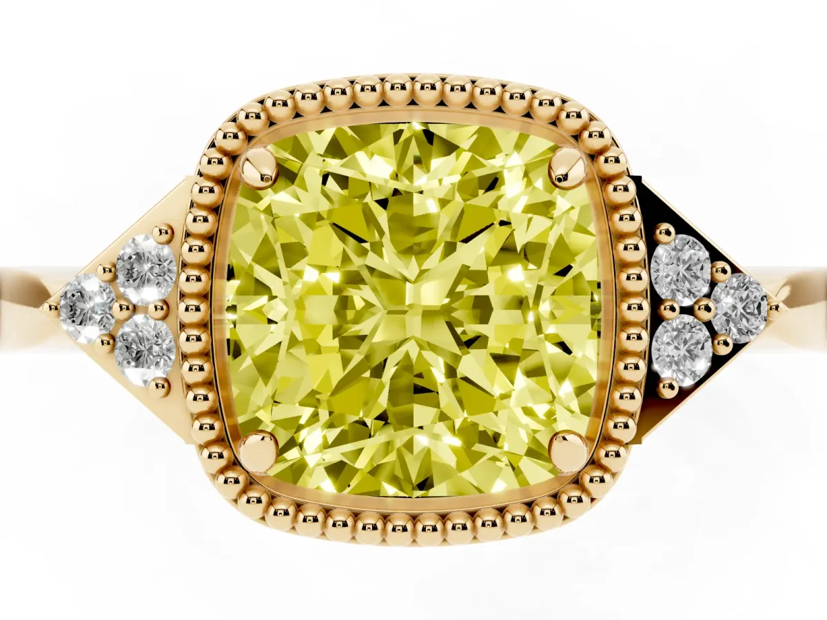 Fancy Yellow Cushion Cut Diamond Halo Ring with Tapered Band and Four-Prong Setting Yellow gold