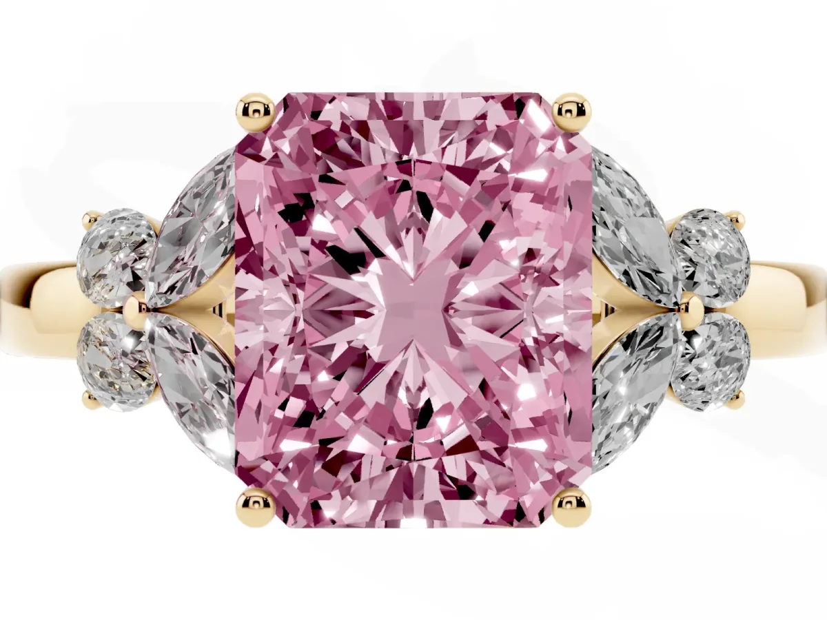 Fancy Pink Radiant Cut Cut Solitaire Floral Diamond Ring with Four-Prong Setting Yellow gold