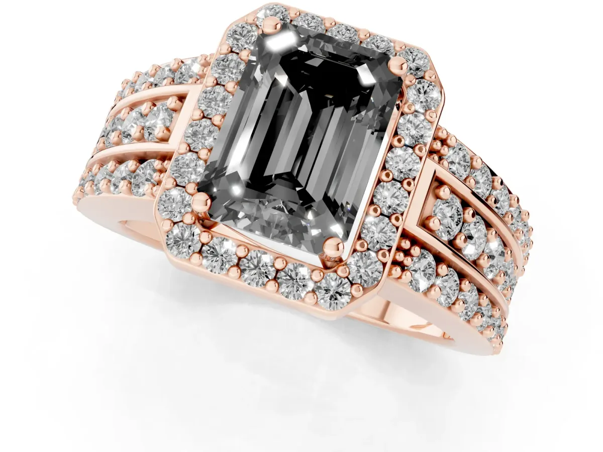 Fancy Black Emerald Cut Halo Diamond Ring with Round Split Shank and Prong Setting Rose gold