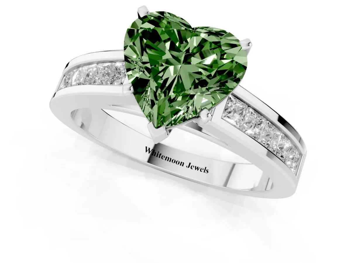 Fancy Green Heart Cut Solitaire Diamond Ring with Channel-Set Band and Four-Prong Setting White gold
