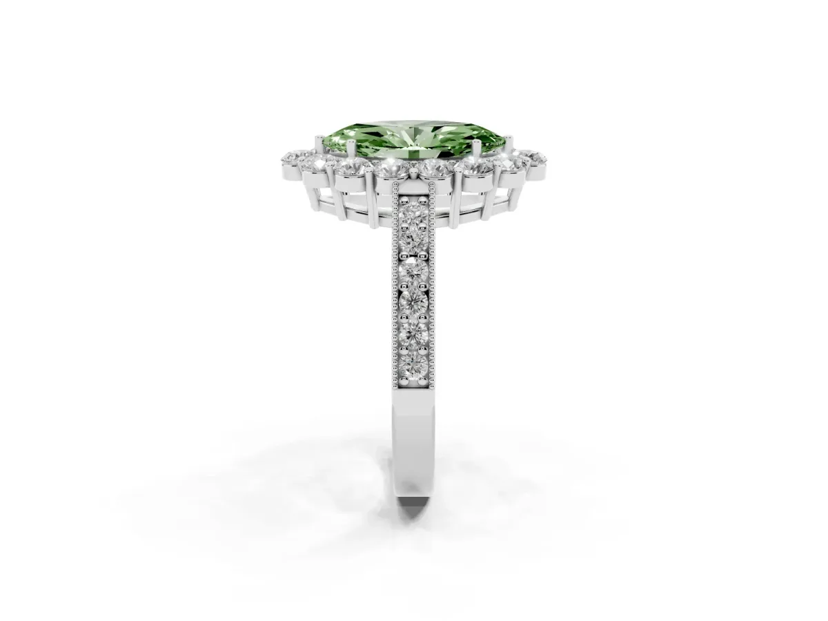 Fancy Green Marquise Cut Cut Halo Diamond Pavé Engagement Ring with Milgrain Detailing Silver
