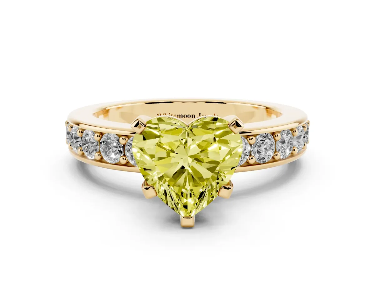 Fancy Yellow Heart Cut Diamond Engagement Ring with Channel Set Round Band and Prong Setting Yellow gold