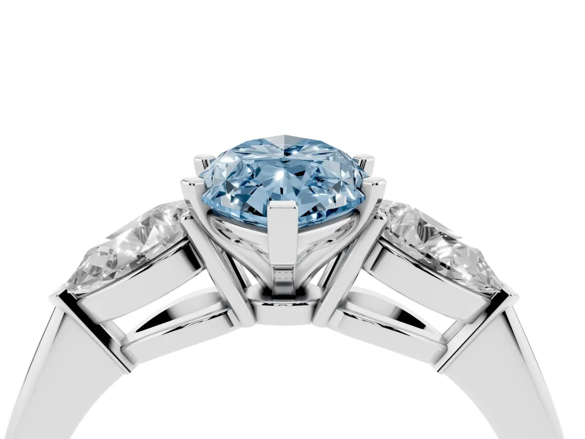 Fancy Blue Three-Stone Marquise Cut Diamond Ring with Pear Side Stones and Four-Prong Setting Silver