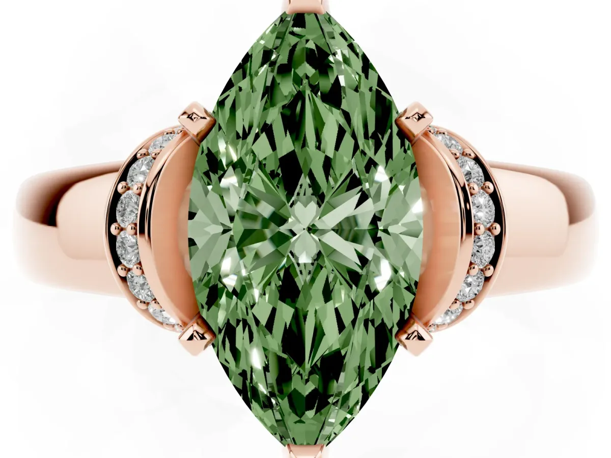 Fancy Green Marquise Cut Solitaire Diamond Ring with Pave Band and Six-Prong Setting Rose gold