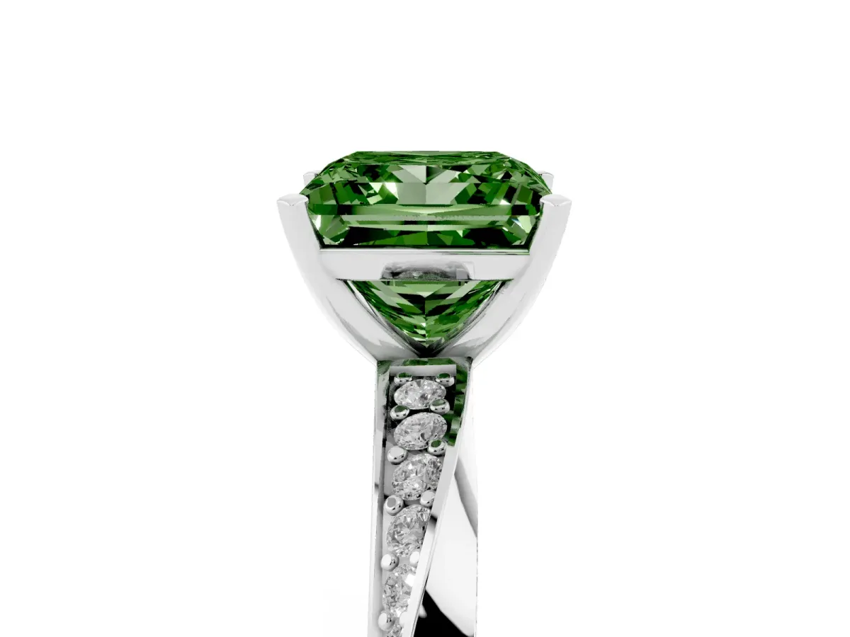 Fancy Green Princess Cut Diamond Engagement Ring with Side Stone Accents and Four-Prong Setting Silver