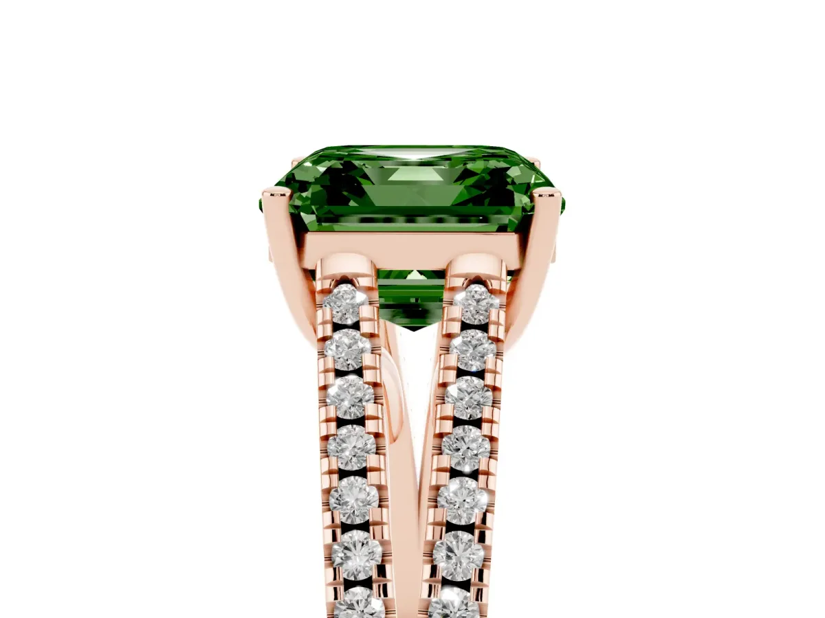 Fancy Green Asscher Cut Diamond Solitaire Engagement Ring with Split Shank Pavé Band Rose gold
