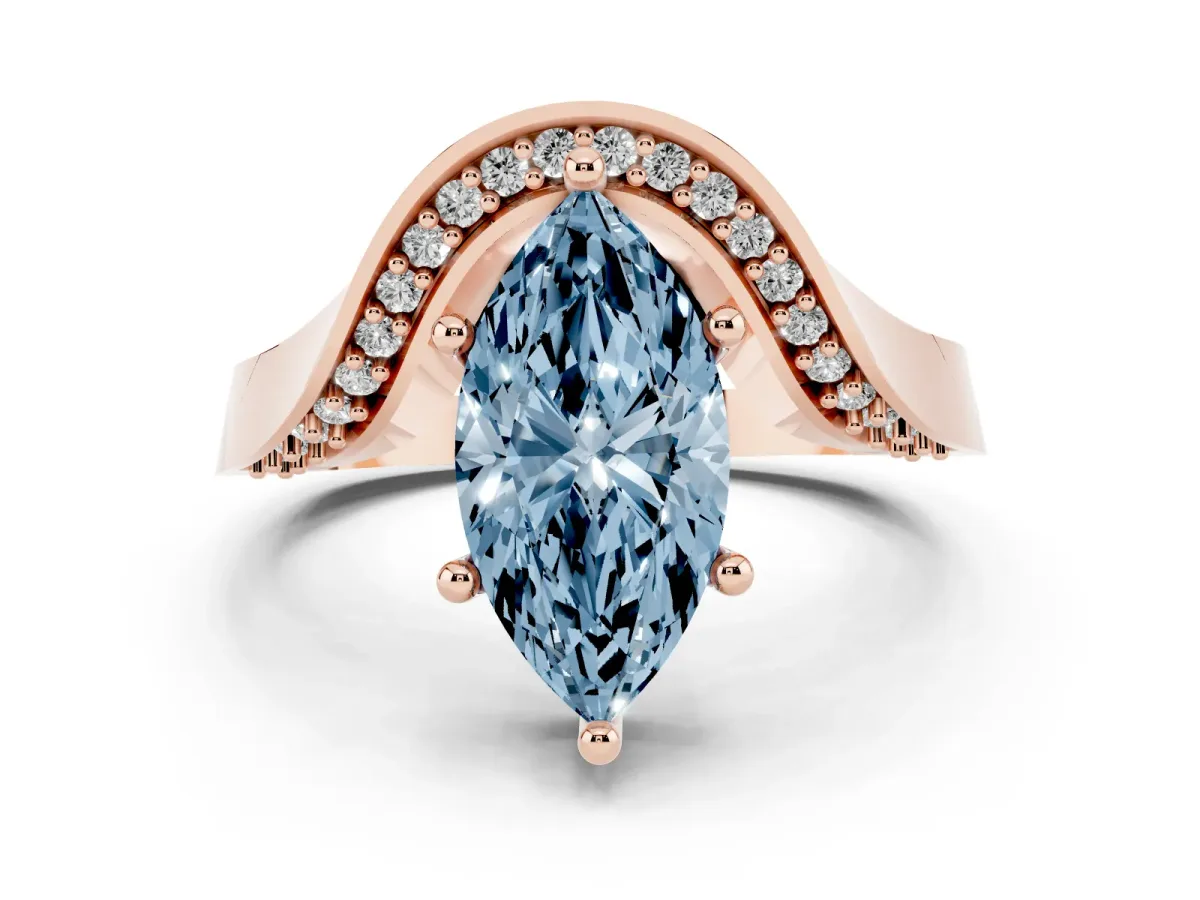 Fancy Blue Marquise Cut Solitaire Diamond Engagement Ring with Pave Band and Four-Prong Setting Rose gold