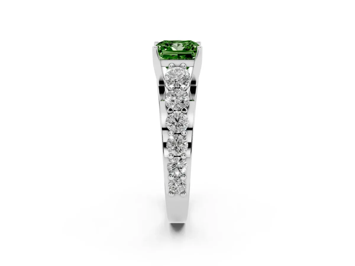 Fancy Green Princess Cut Diamond Engagement Ring with Pavé Band and Four-Prong Setting Silver