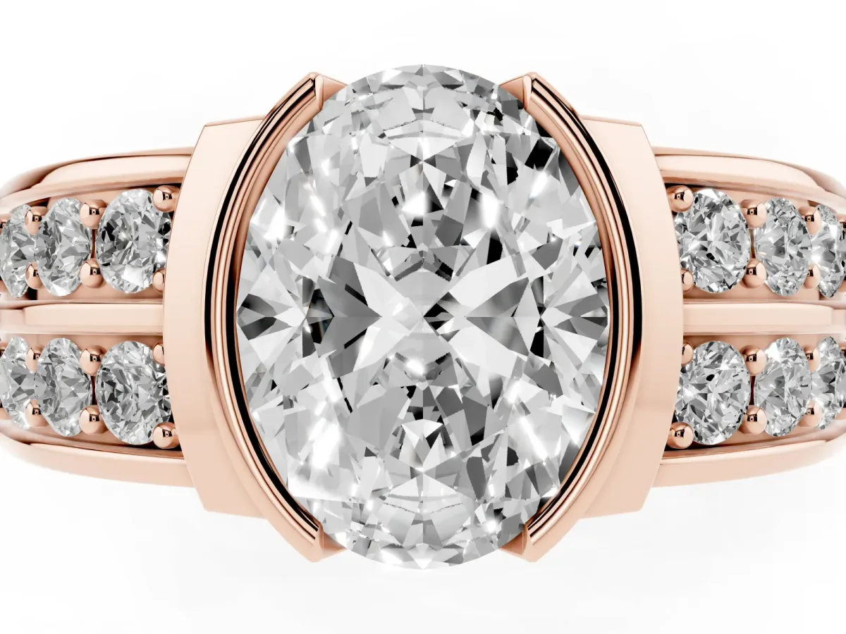 Oval Cut Brilliant Diamond Channel Set Wide Band Ring with Bezel Setting Rose gold