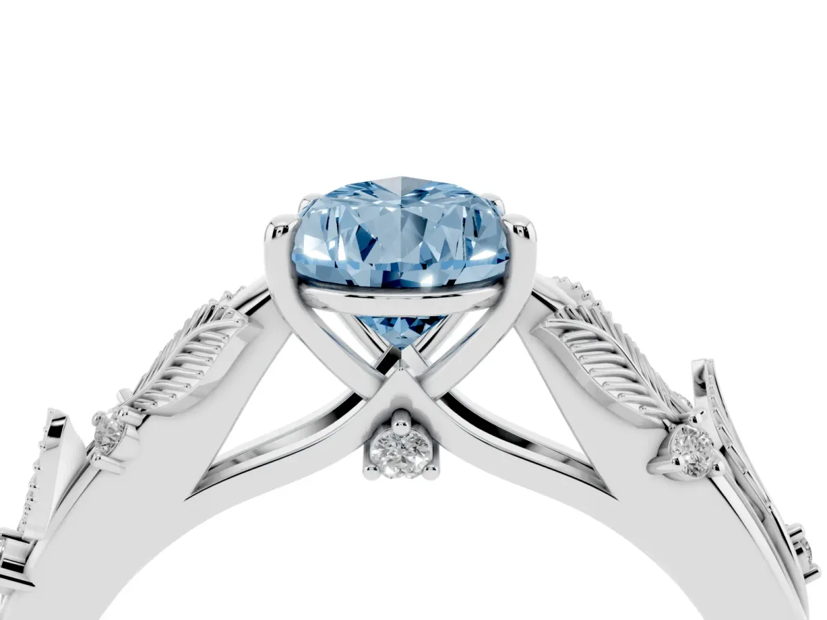 Fancy Blue Pear Cut Diamond Solitaire Ring with Leaf Motif Band and Four-Prong Setting Silver