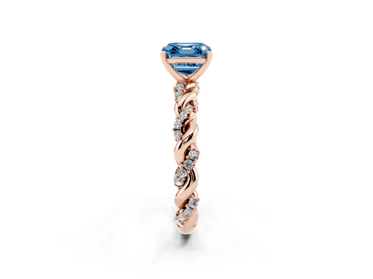 Fancy Blue Asscher Cut Diamond Solitaire Ring with Twisted Band and Pavé Accents Rose gold