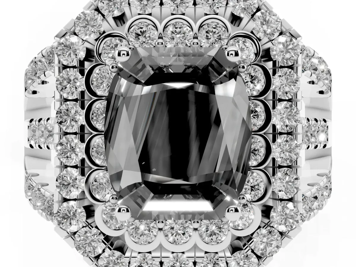 Fancy Black Emerald Cut Diamond Double Halo Ring with Round Pavé Split Shank and Prong Setting Silver
