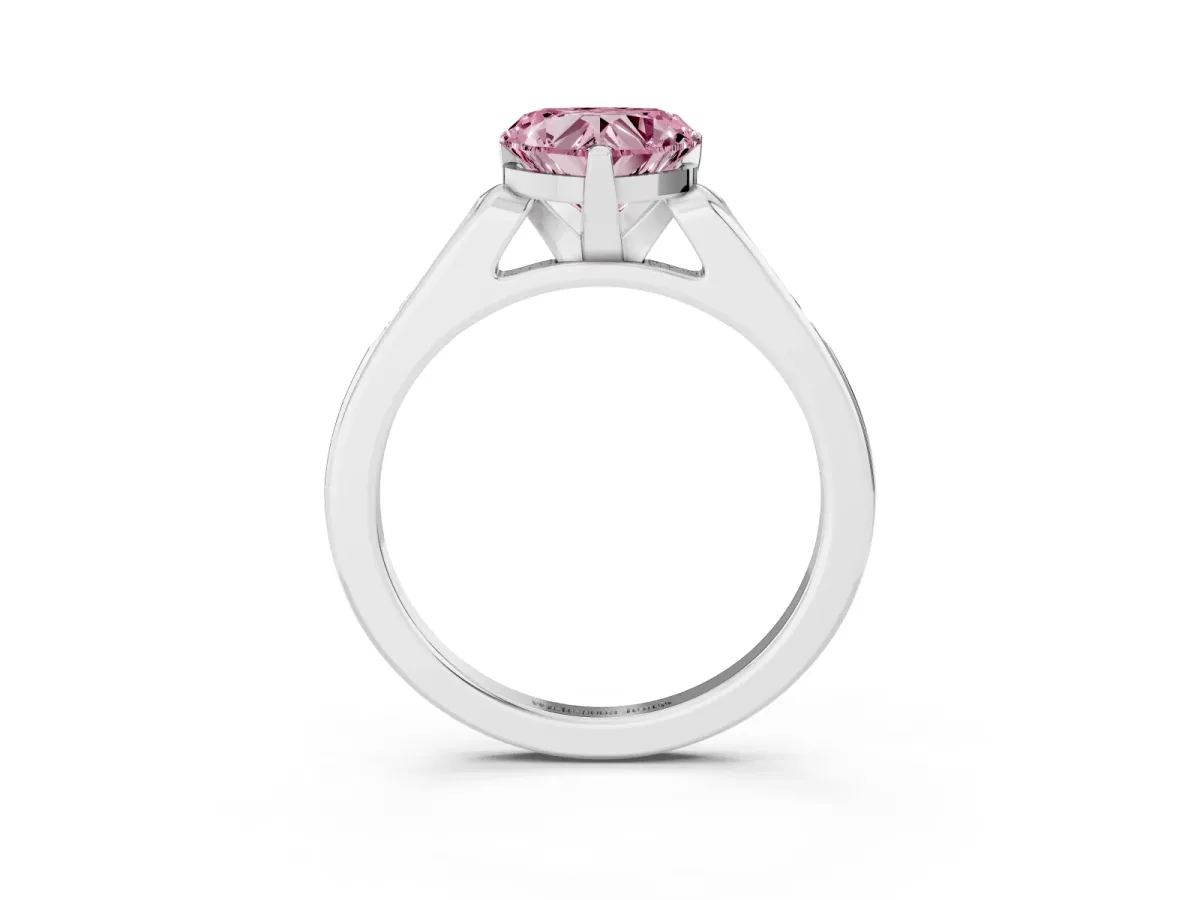 Fancy Pink Heart Cut Diamond Solitaire Ring with Channel Set Round Band and Prong Setting Silver