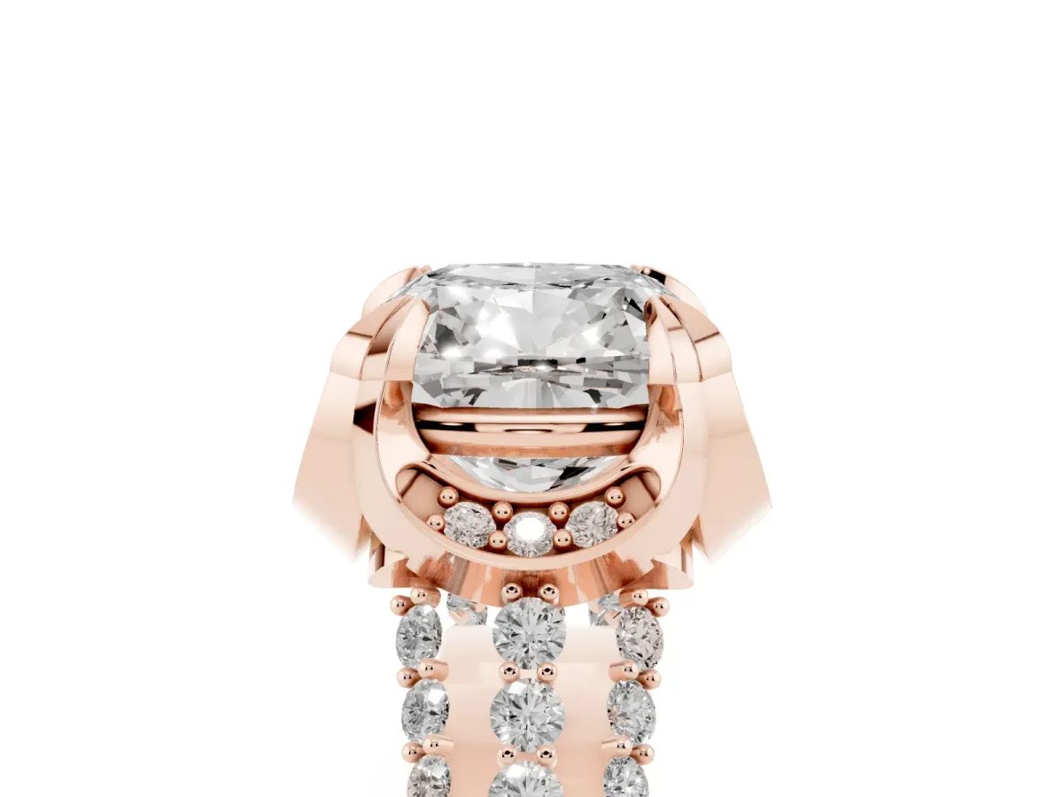 Cushion Cut Solitaire Pave Split Shank Ring with Four-Prong Setting Rose gold