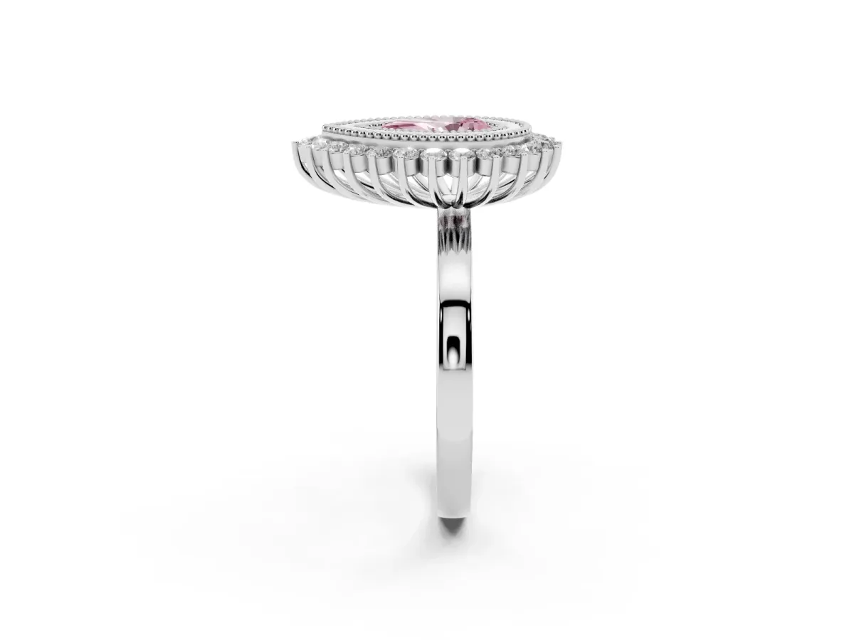 Fancy Pink Pear Cut Halo Diamond Ring with Milgrain Edge and Round Prong Setting Silver