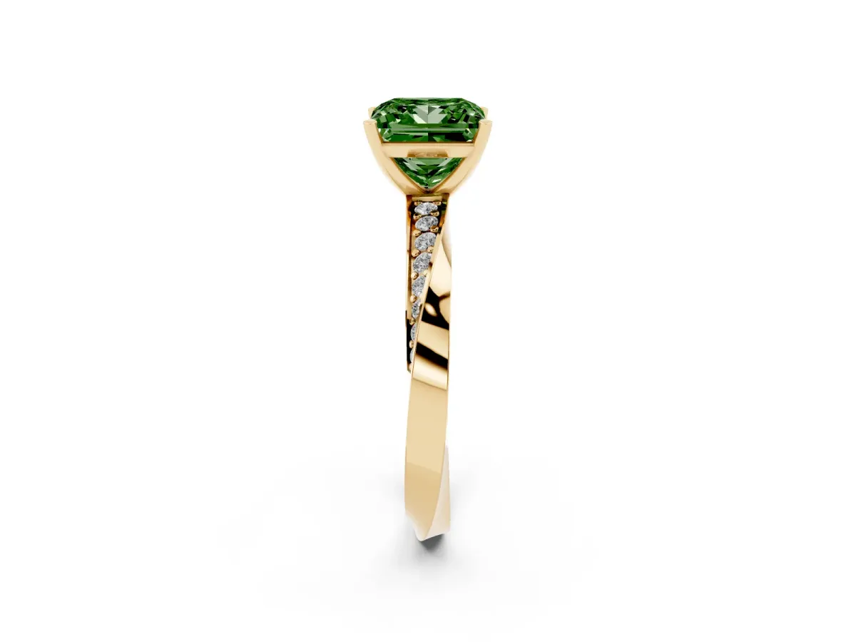 Fancy Green Princess Cut Diamond Engagement Ring with Side Stone Accents and Four-Prong Setting Yellow gold