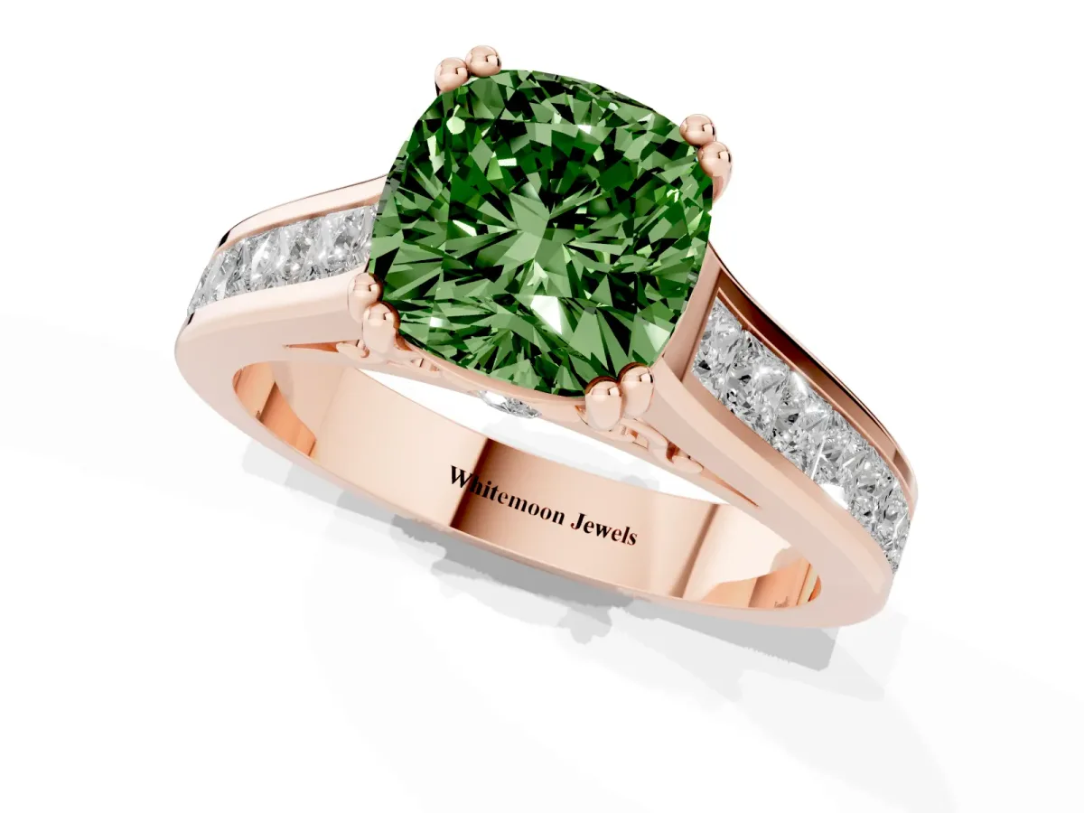 Fancy Green Cushion Cut Cut Channel Set Solitaire Engagement Ring with Prong Setting Rose gold