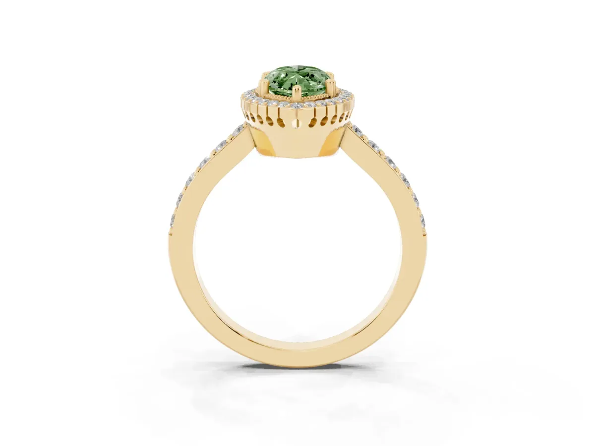 Fancy Green Marquise Cut Cut Diamond Halo Engagement Ring with Milgrain Detail and Pavé Band Yellow gold