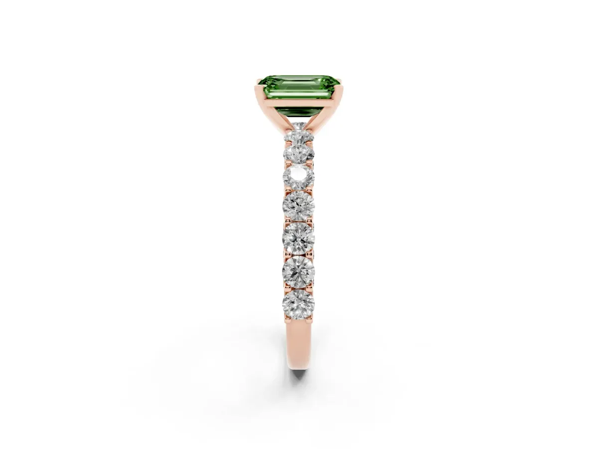 Fancy Green Emerald Cut Diamond Solitaire Ring with Shared Prong Pavé Band and Four-Prong Setting Rose gold