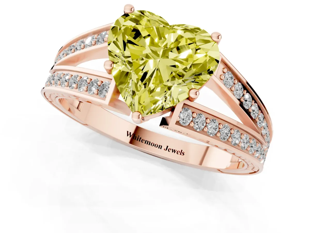 Fancy Yellow Heart Cut Diamond Split Shank Ring with Pavé Band and Four-Prong Setting Rose gold