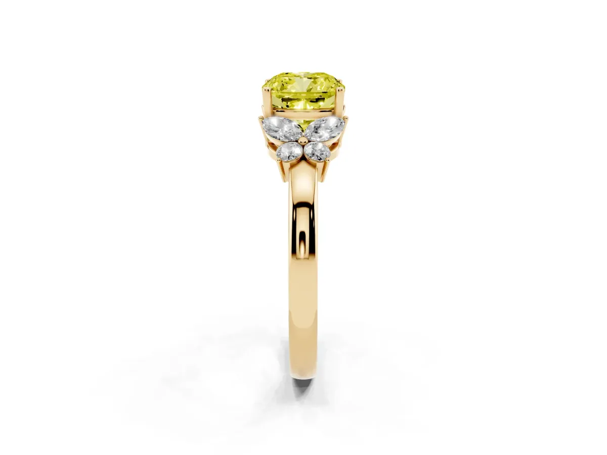 Fancy Yellow Cushion Cut Cut Solitaire Floral Diamond Ring with Four-Prong Setting Yellow gold