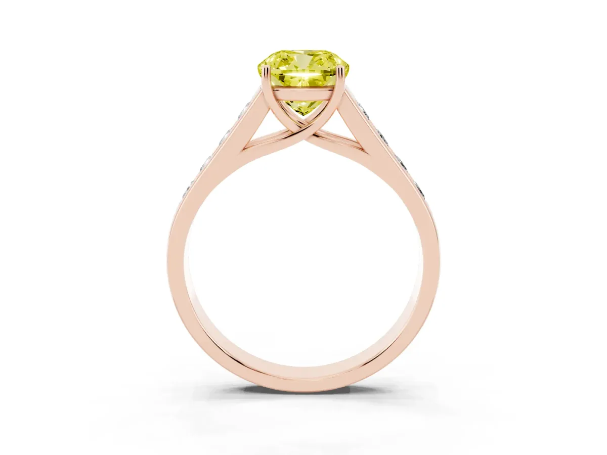 Fancy Yellow Cushion Cut Brilliant Channel-Set Solitaire Ring with Four-Prong Setting Rose gold