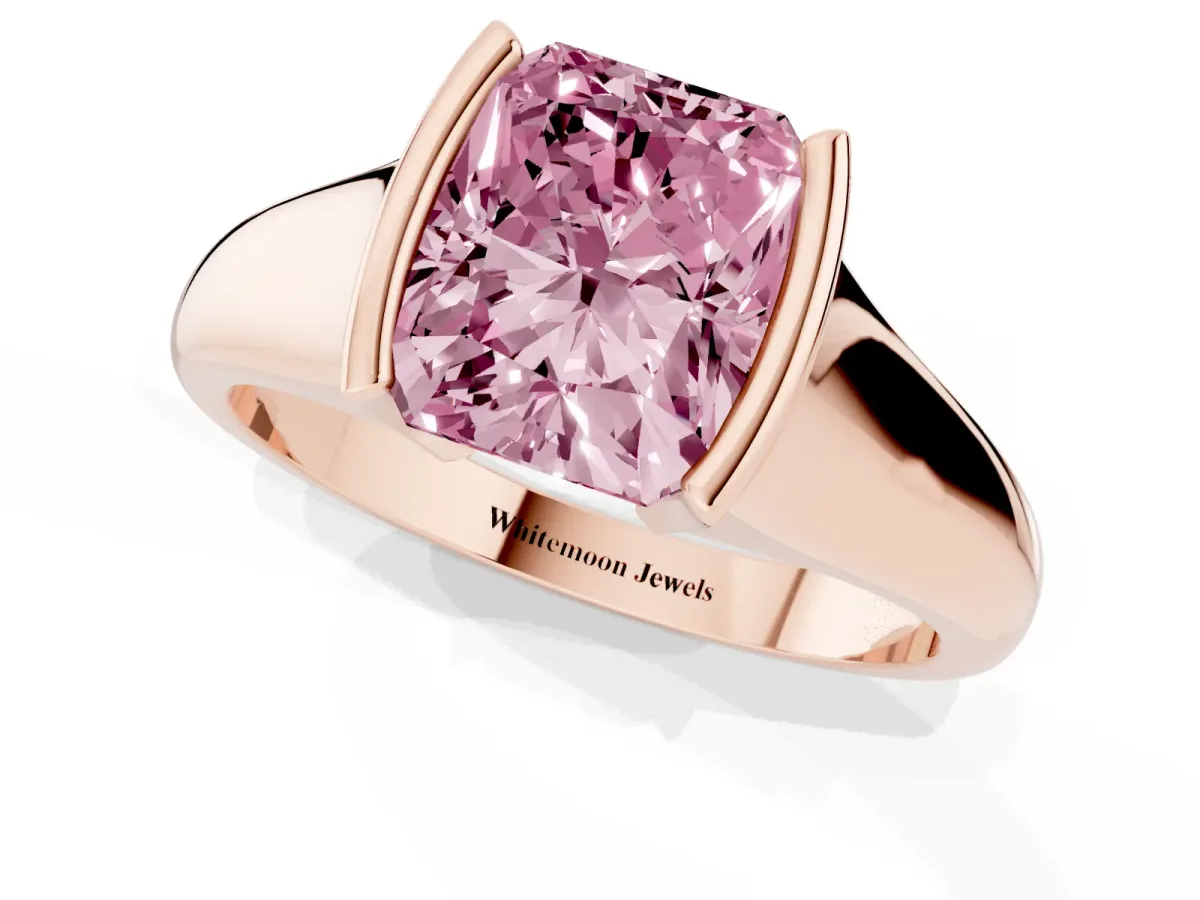 Fancy Pink Radiant Cut Solitaire Tension Set Diamond Ring with Split Shank Band Rose gold