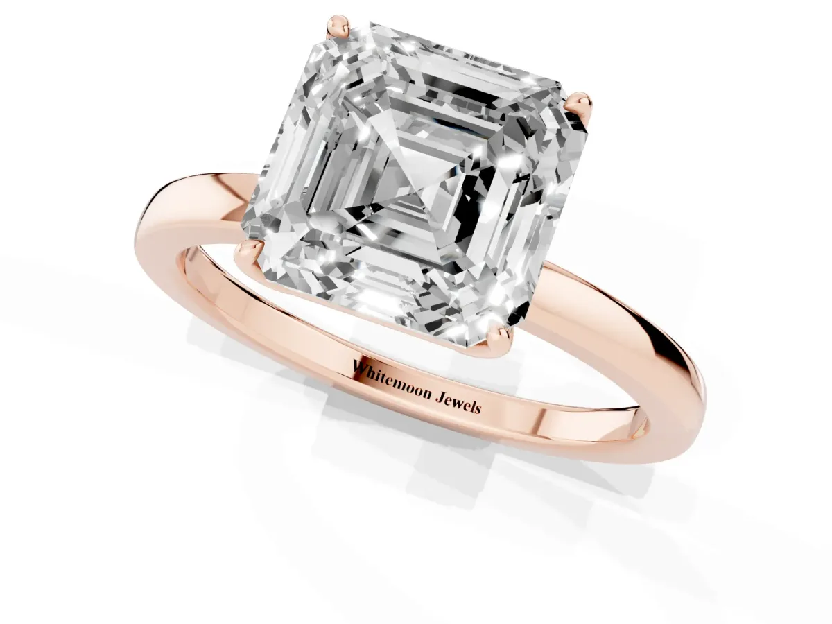 Asscher Cut Diamond Solitaire Ring with Thin Band and Prong Setting Rose gold