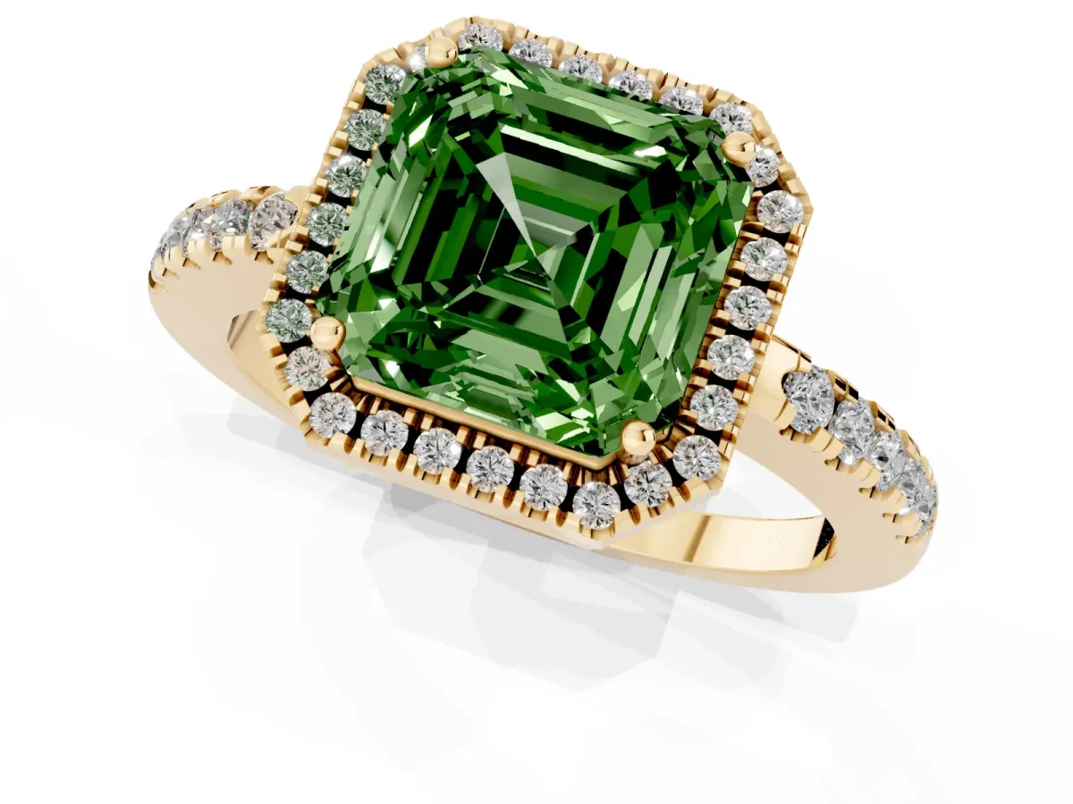 Fancy Green Asscher Cut Halo Diamond Engagement Ring with Pavé Band and Four-Prong Setting Yellow gold