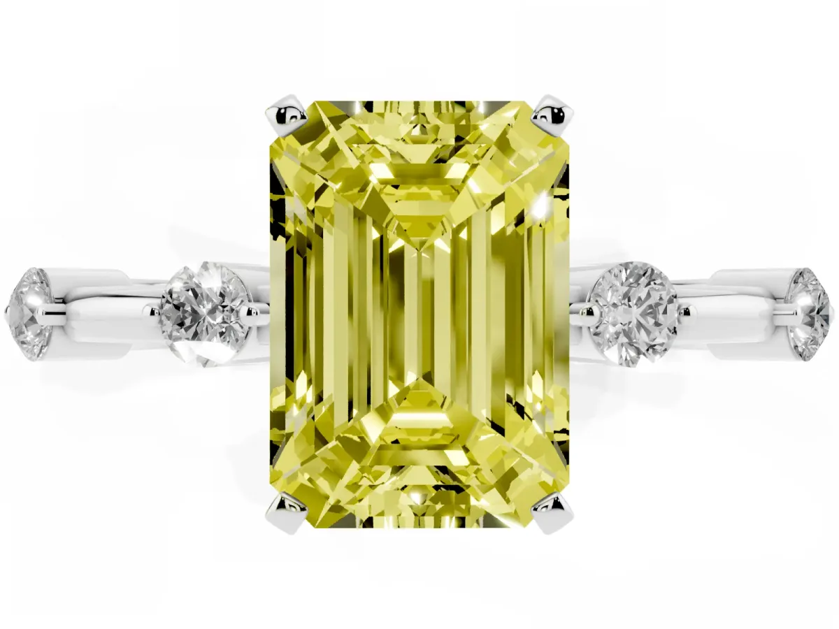 Fancy Yellow Emerald Cut Solitaire Diamond Ring with Bezel Set Side Stones and Prong Setting Silver