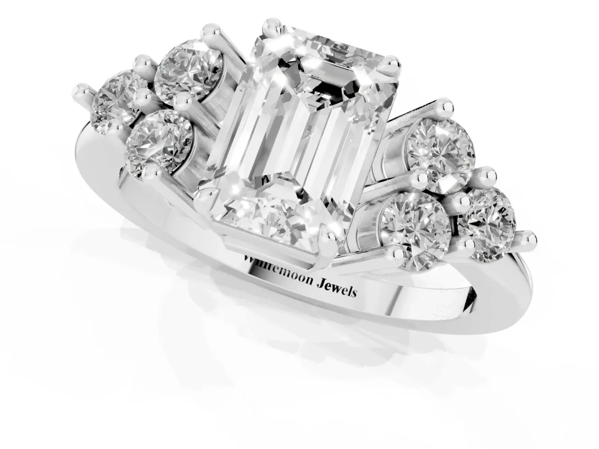 Emerald Cut Brilliant Diamond Cluster Accent Solitaire Ring with Prong Setting Silver