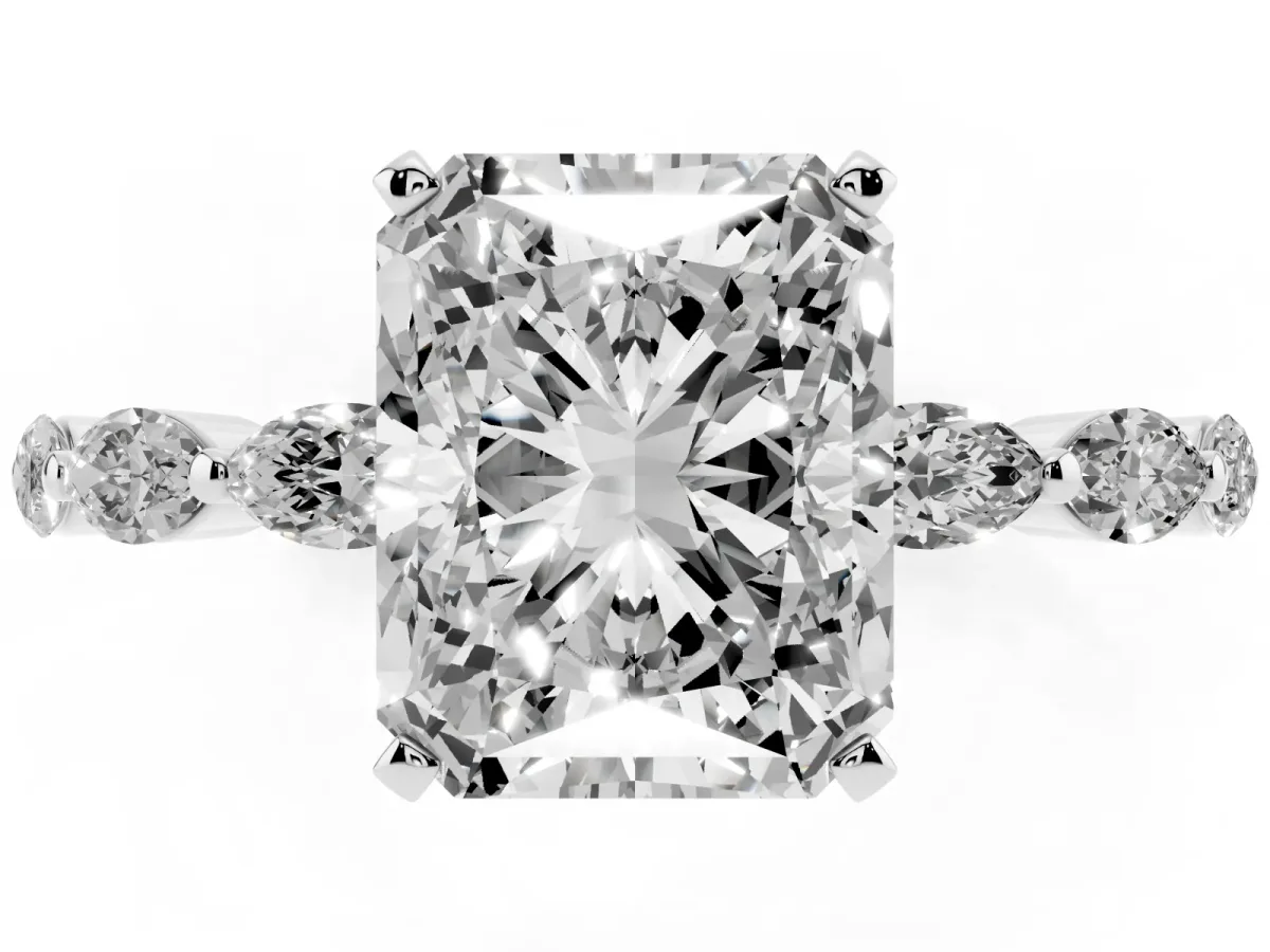 Radiant Cut Diamond Ring with Marquise Side Stones and Prong Setting Platinum