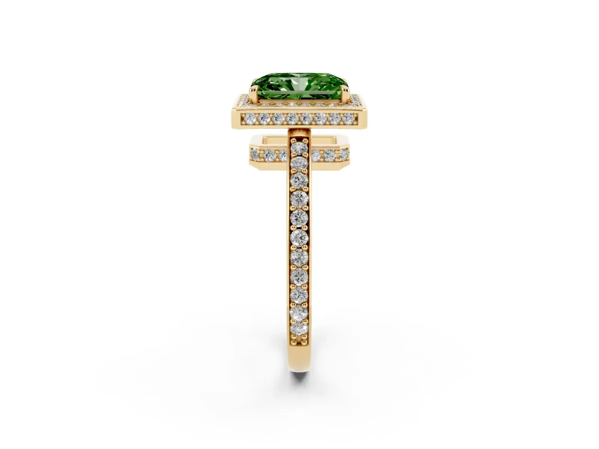 Fancy Green Radiant Cut Halo Pave Band Solitaire Ring with Prong Setting Yellow gold