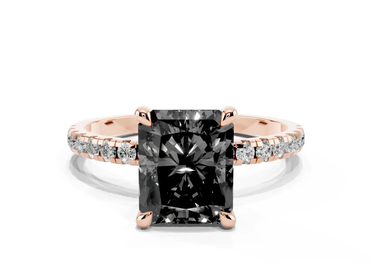 Fancy Black Radiant Cut Diamond Brilliant Solitaire Ring with Pavé Band and Four-Prong Setting Rose gold