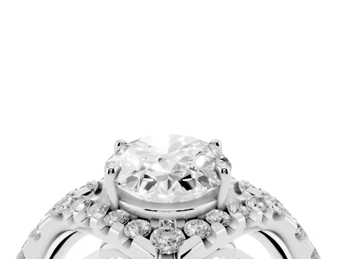 Oval Cut Diamond Solitaire Ring with Hidden Halo and Pavé Band Silver