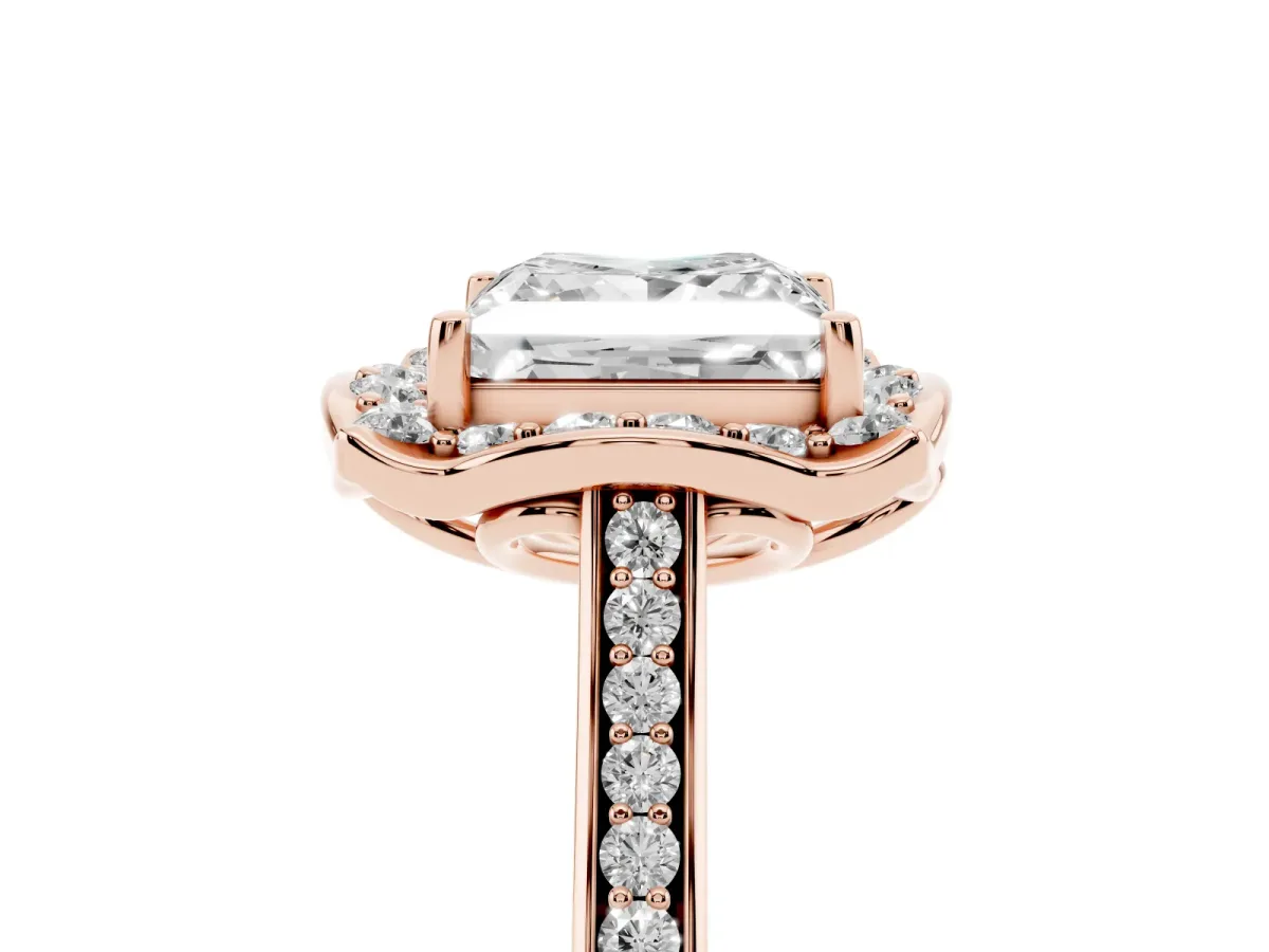 Princess Cut Halo Round Diamond Pave Band with Four-Prong Setting Rose gold