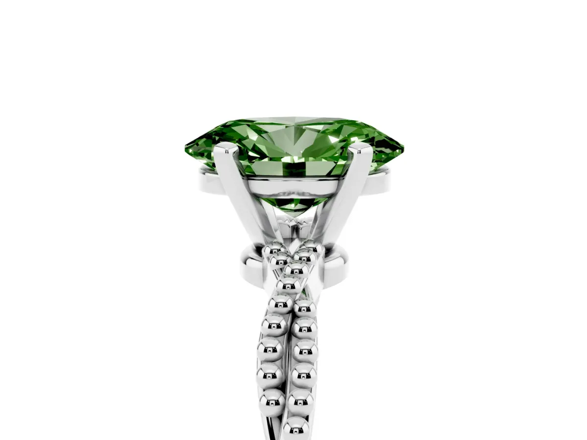 Fancy Green Oval Cut Solitaire Twisted Band with Bead Prong Setting White gold