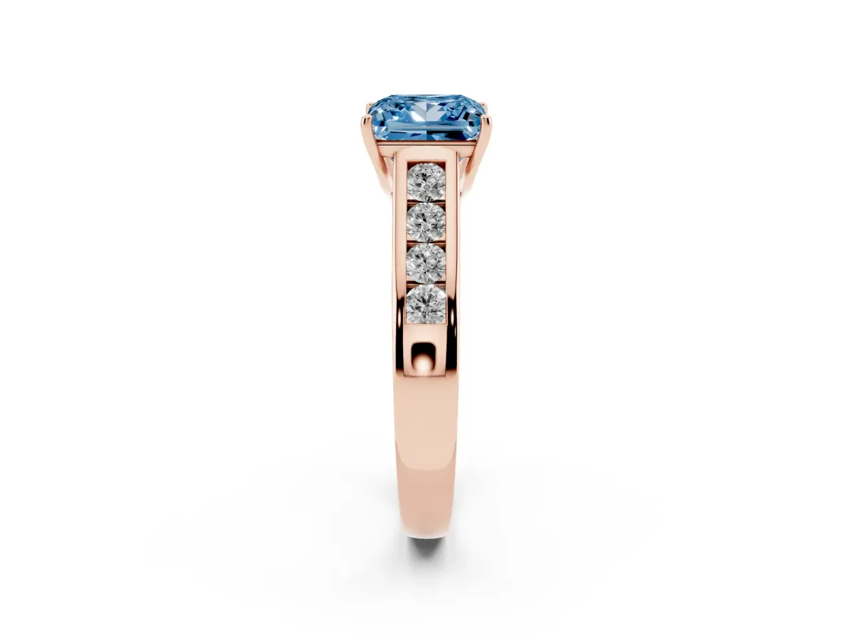Fancy Blue Princess Cut Brilliant Channel-Set Solitaire Ring with Four-Prong Setting Rose gold